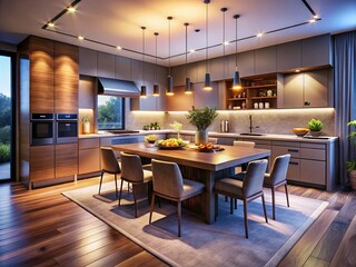 Obraz premium Elegant Modern Kitchen Interior with Dining Table, Island, and Stylish Chairs in Low Light Ambiance, Featuring Sleek Appliances and Contemporary Furniture Design