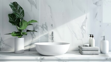 Fototapeta premium Elegant white bathroom interior with marble countertop with copy space and bathroom appliances product. 