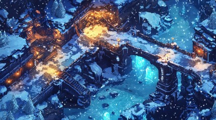 Mystical Frozen Cave Filled with Glittering Crystals and Sparkling Snowfall in an Enchanting Landscape