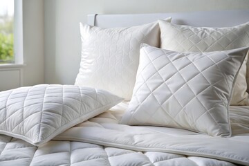 Obraz premium Closeup of Pure White Unpatterned Pillow Quilt and Bedding Set on a Soft Surface, Perfect for Home Textile Photography with Copy Space for Stylish Interior Designs