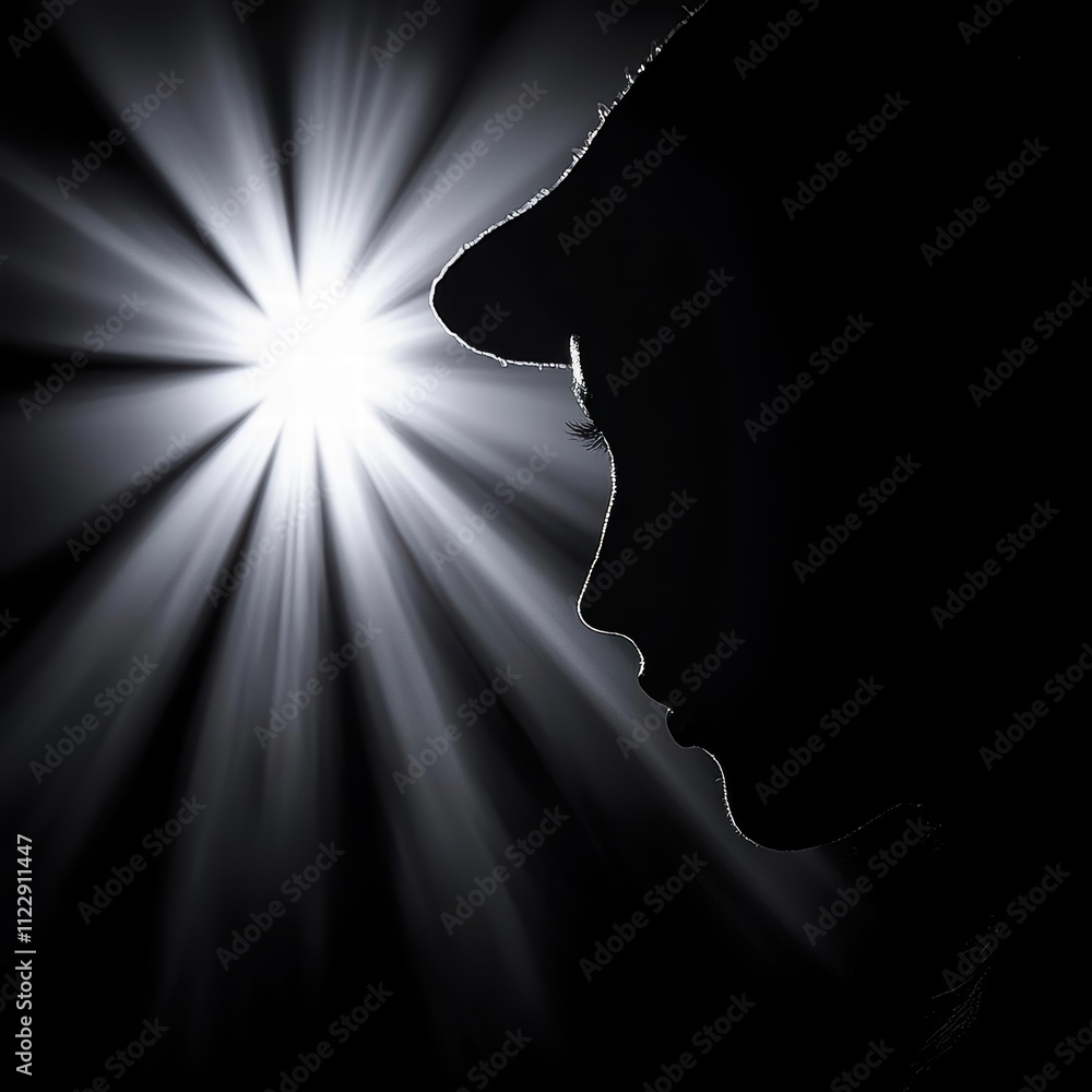 Poster silhouette profile with rays of light in dramatic background setting