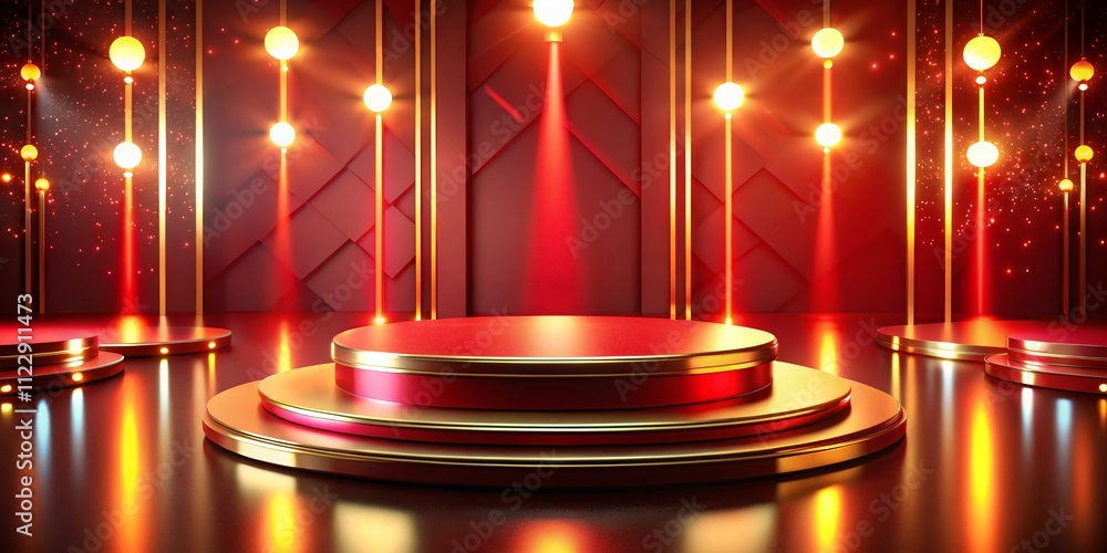 Poster elegant red and gold podium for product display background in 3d rendering - ideal for showcasing lu