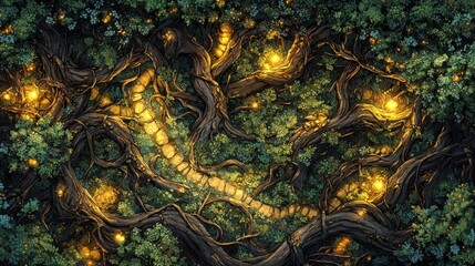 Obraz premium Enchanted Forest Pathway Illuminated by Glowing Lights Amidst Shadowy Vines and Twists of Ancient Trees