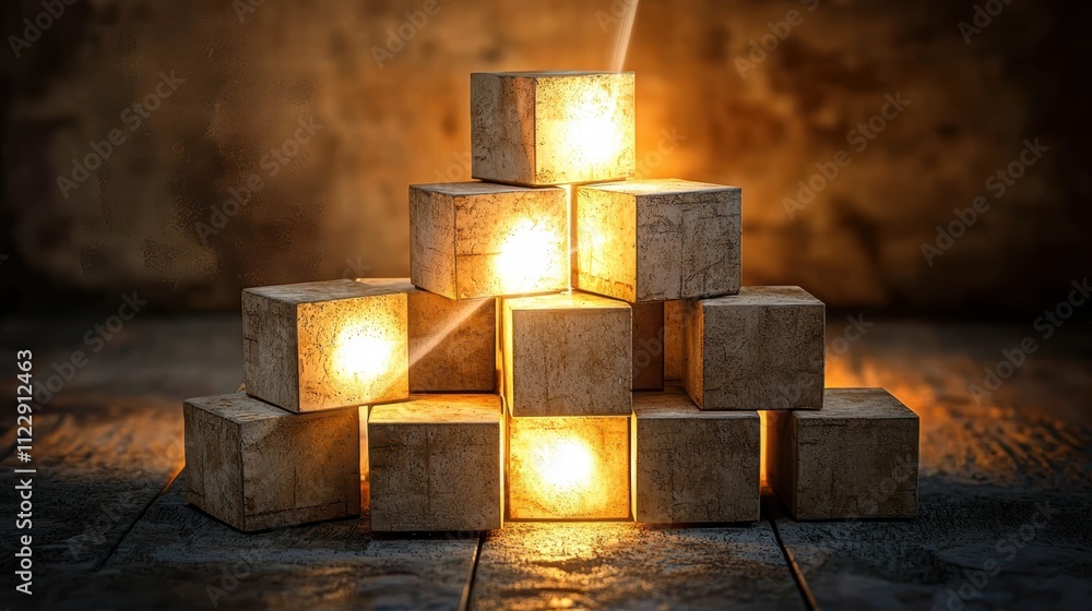 Aufkleber illuminated blocks arranged in a creative stack on rustic background