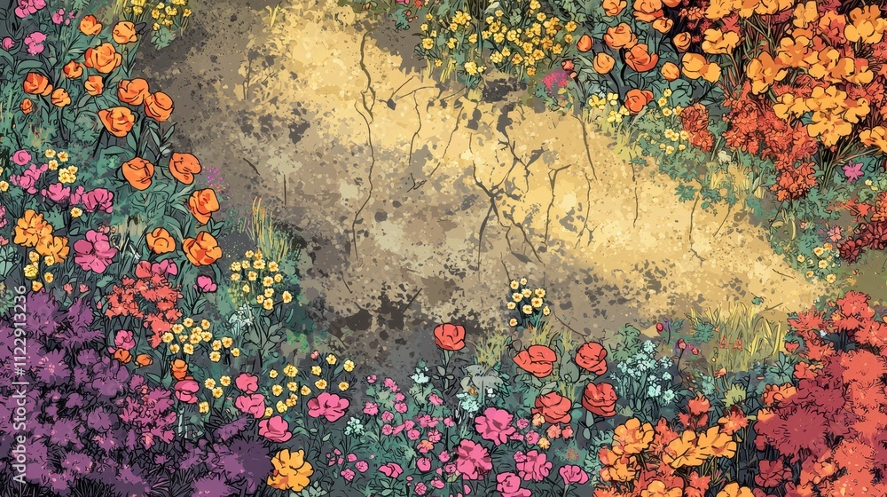 Poster sprawling multicolored flower field with pathway and artistic map design in vibrant hues