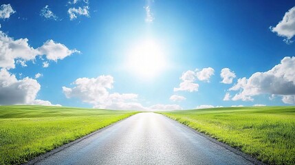 Fototapeta premium Open Road Cutting Through Lush Green Countryside Under Blue Sky