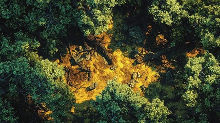Obraz premium Enchanted Forest Battlefield Map with Lush Green Trees and Mystical Glow in the Underbrush