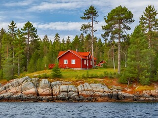 Obraz premium Swedish landscape with green fir tree forest and red typical house on the coast of sea bay