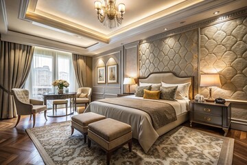 Fototapeta premium Elegant taupe wallpaper design for upscale hotels, showcasing refined textures and patterns for a sophisticated ambiance in luxury interiors.