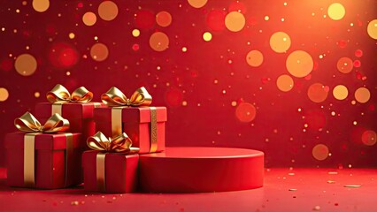 A festive red podium for goods, with gift boxes on the sides, on a bright red background with a bokeh effect. Mockup advertising banner.