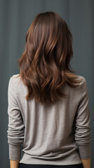 Fototapeta premium A back view of a woman with a stylish hairstyle, showcasing the intricate details of her hair, which could be a sleek ponytail, elegant updo, or flowing locks, emphasizing a sense of beauty and sophis