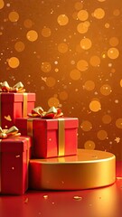 A festive golden podium for goods, with gift boxes on the sides, on a bright red background with a bokeh effect. Mockup advertising vertical banner.