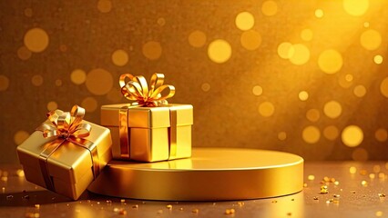 A festive golden podium for goods, with gift boxes on the sides, on a bright golden background with a bokeh effect. Mockup advertising banner.