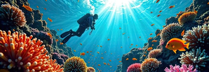 Scuba diving driver underwater among colorful corals and fish, sunlight passes through the blue depths of the water