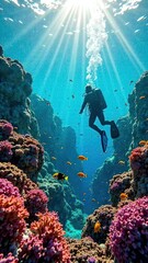 Scuba diving driver underwater among colorful corals and fish, sunlight passes through the blue depths of the water