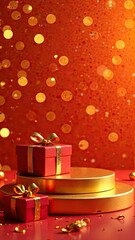 A festive golden podium for goods, with gift boxes on the sides, on a bright red background with a bokeh effect. Mockup advertising vertical banner.