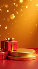 A festive golden podium for goods, with gift boxes on the sides, on a bright red background with a bokeh effect. Mockup advertising banner.