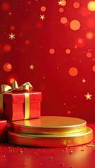 A festive golden podium for goods, with gift boxes on the sides, on a bright red background with a bokeh effect. Mockup advertising vertical banner.