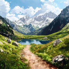 Obraz premium A serene mountain landscape with a winding path leading to a tranquil lake, surrounded by lush greenery and majestic peaks.