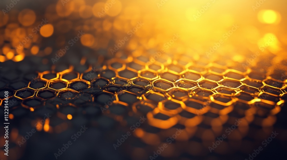 Poster a close-up of a honeycomb pattern illuminated by warm golden light, with blurred glowing bokeh in th