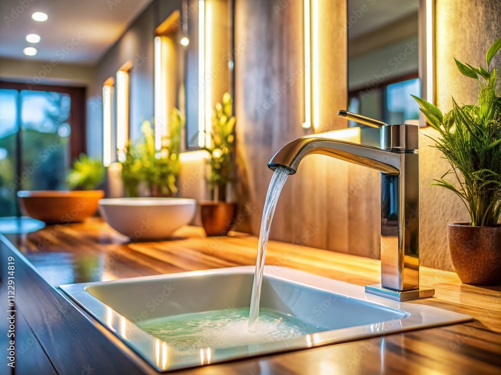 Poster elegant water flowing from a modern faucet into a pristine sink, creating a calm and inviting atmosp