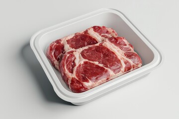 Fresh cuts of beef in a white plastic tray, showcasing rich red marbling and tenderness.