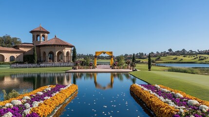 Elegant Indian wedding ceremony venue with a reflecting pool, floral arrangements, and a beautiful archway.