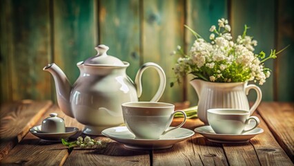 Fototapeta premium Elegant White Still Life Composition with Tea Cup and Saucer, Teapot, Milk Jug, Creamer, and Sugar Bowl on a Rustic Wooden Table Captured in Tilt-Shift Photography