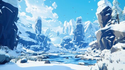 Stunning Arctic Valley with Towering Jagged Cliffs and Crystal Clear Waters Under a Bright Blue Sky