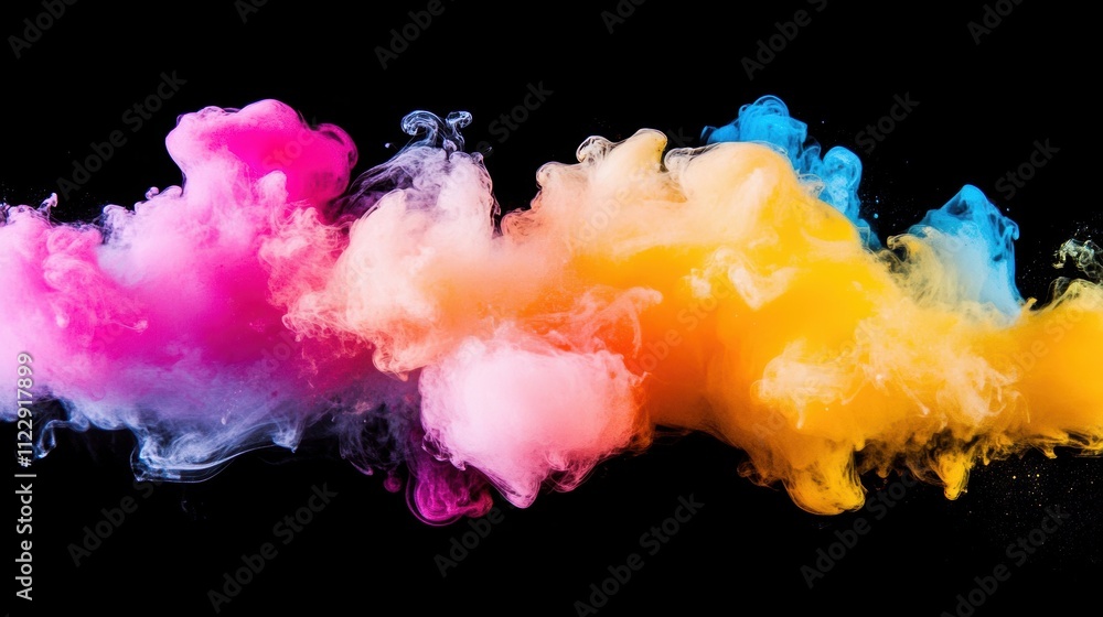 Poster vibrant colors of ink blend and flow in water, forming dynamic shapes and patterns on a dark backgro