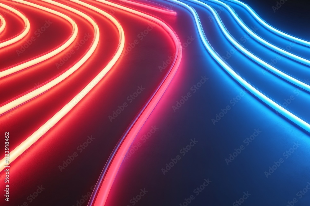 Poster abstract composition of flowing neon lines in red and blue colors, creating a dynamic and vibrant at