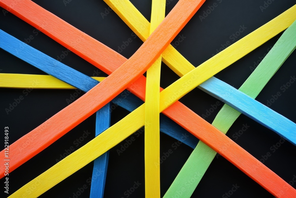 Poster colorful strips of textured paper arranged in a vibrant crisscross pattern, creating a dynamic visua