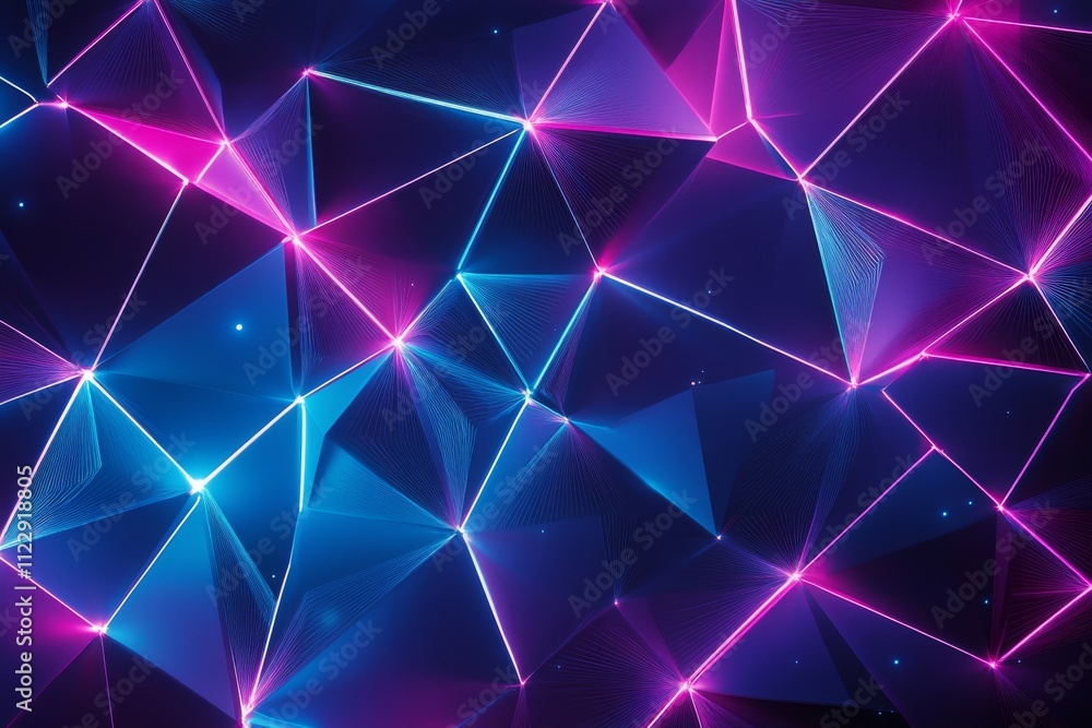 Poster a vibrant abstract pattern showcasing intricate triangles illuminated in shades of blue and pink, cr
