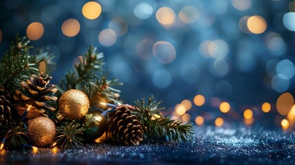 photograph of holiday illumination and decoration concept - christmas garland bokeh lights over dark blue background