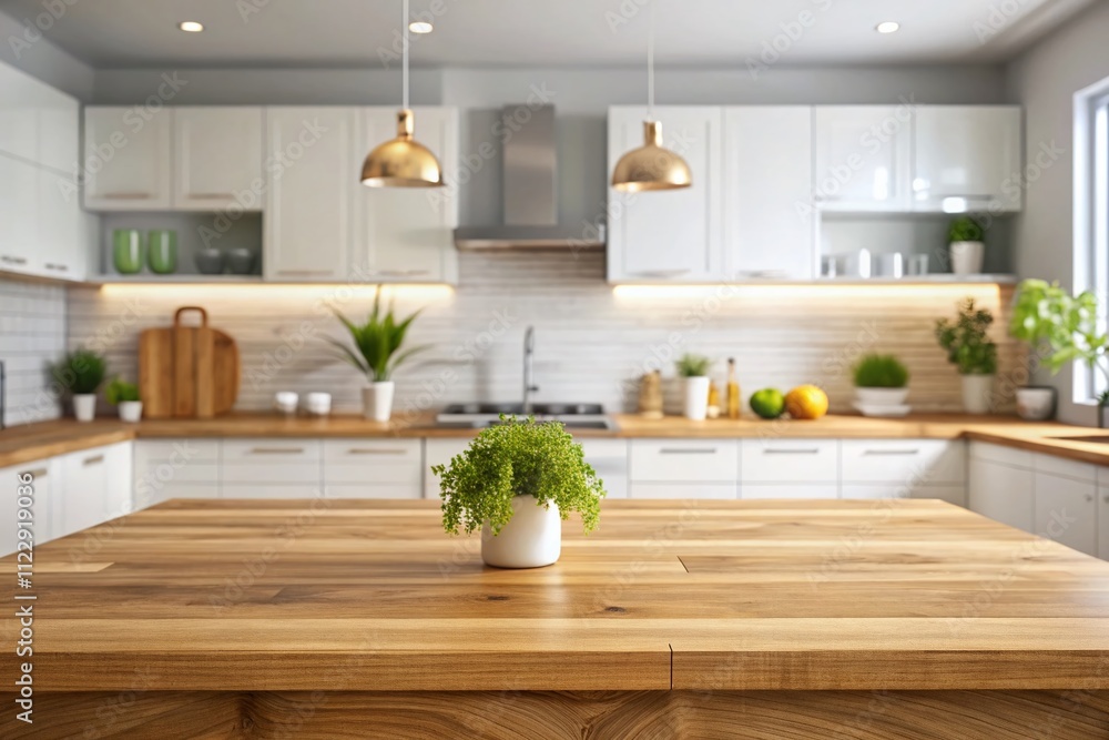 Poster empty wooden countertop in a blurred modern kitchen background - ideal mockup for product display pr