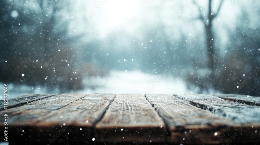 Poster an empty wooden table stands in a tranquil outdoor location as soft snowflakes fall, creating a sere