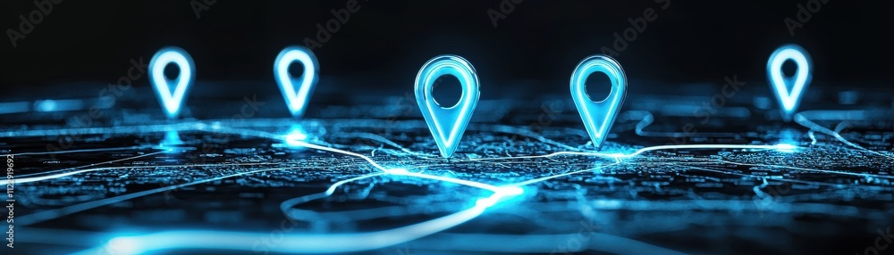 Poster a digital representation of location markers over a network, highlighting connectivity and navigatio