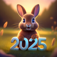 Cute little Brown rabbit in the grass with 2025 wishing Happy New Year	