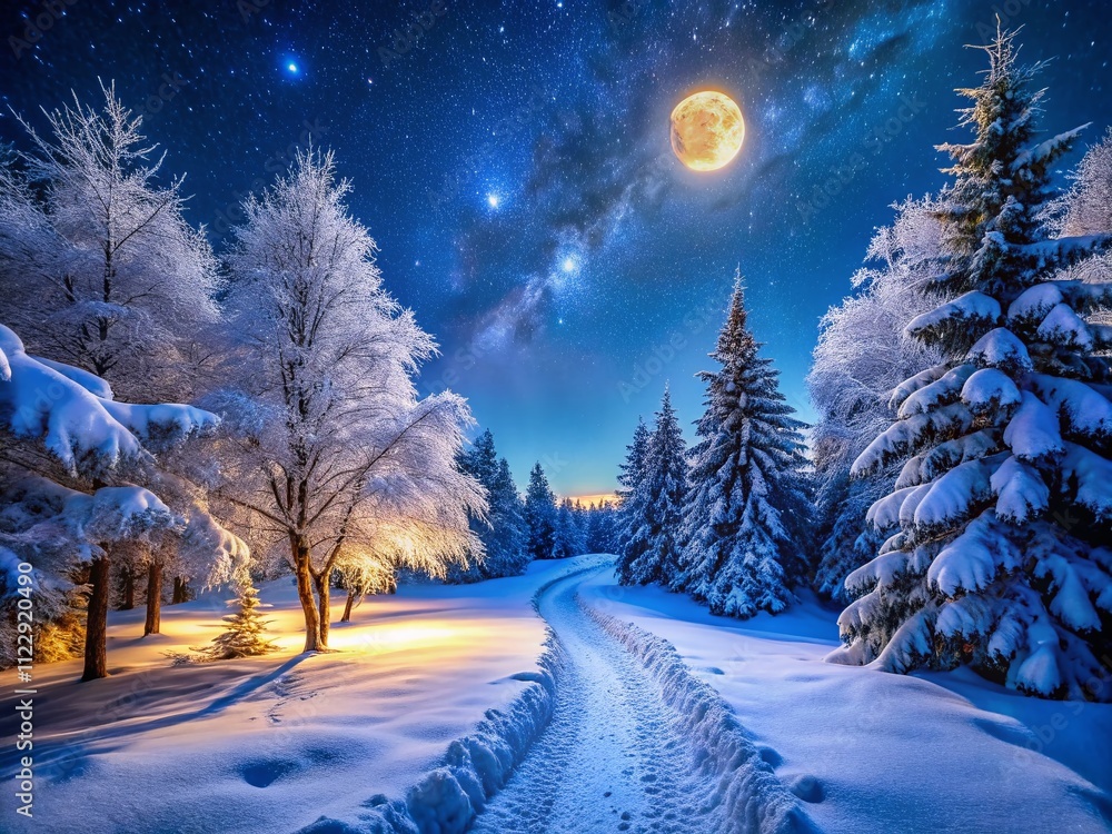 Poster enchanted winter path under a starry night sky with glowing snowflakes and frosty trees creating a m