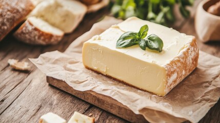 Creamy fresh butter topped with a sprig of basil sits beside rustic bread on a wooden table, evoking a warm and inviting meal setting