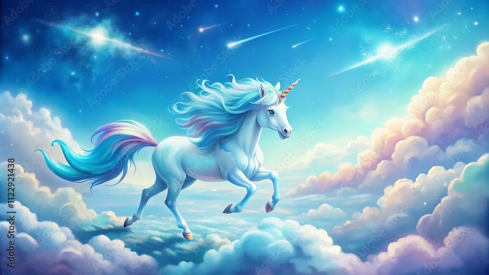 Poster enchanting cartoon unicorn soaring through fluffy clouds with ample copy space for imaginative story