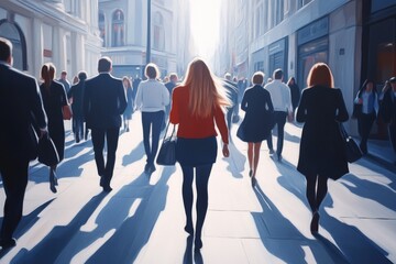 Obraz premium A confident woman in a red top walks among a bustling crowd on a bright city street, casting long shadows.