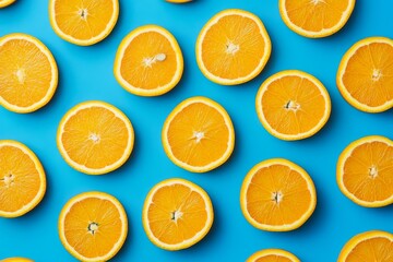 Fototapeta premium Freshly sliced oranges arranged on a vibrant blue background, highlighting their bright color and juicy texture.