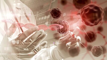 Dedicated scientist analyzing DNA sequences on advanced digital display for groundbreaking cancer research. Innovative laboratory equipment and detailed medical charts support complex genetic studies 