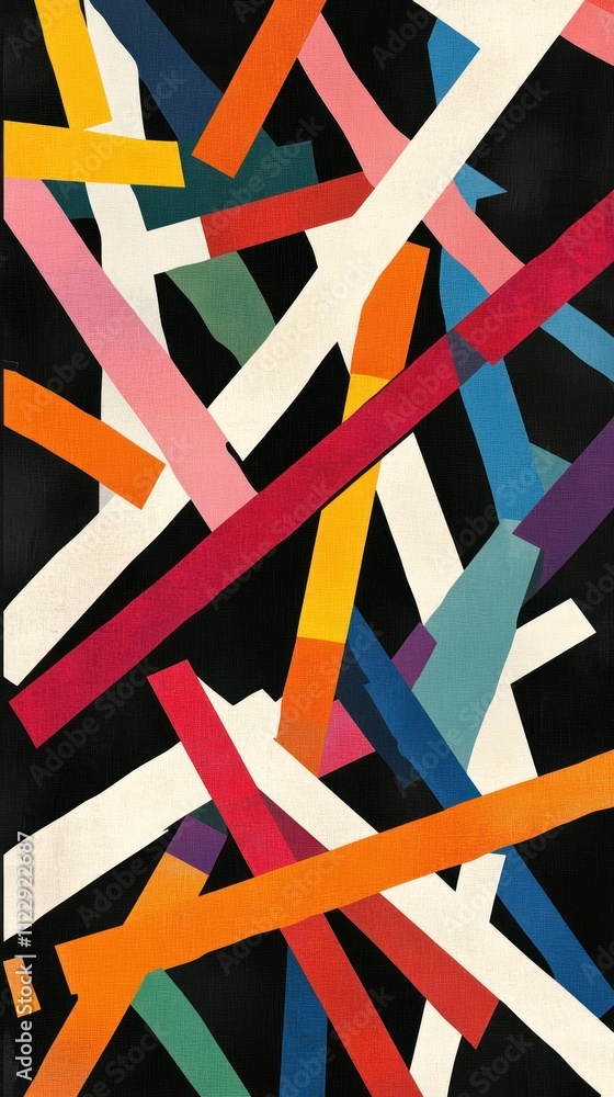 Poster abstract composition of colorful, overlapping geometric shapes on a dark background.