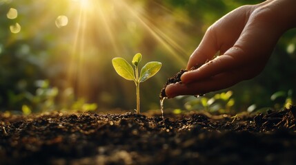 Fototapeta premium Hand-watering a small plant seedling in a garden