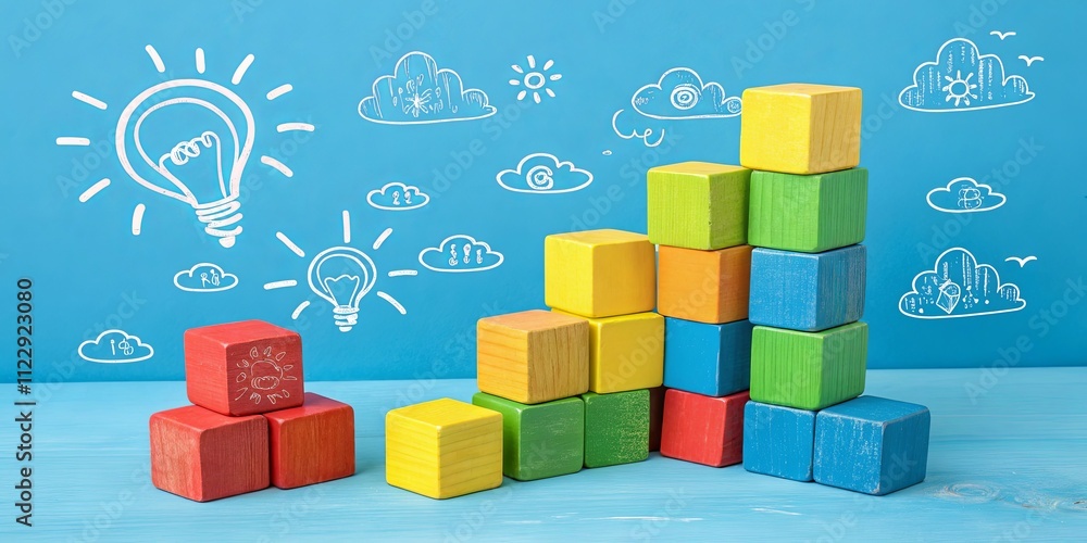 Poster a stack of wooden blocks with a drawing of a light bulb on top