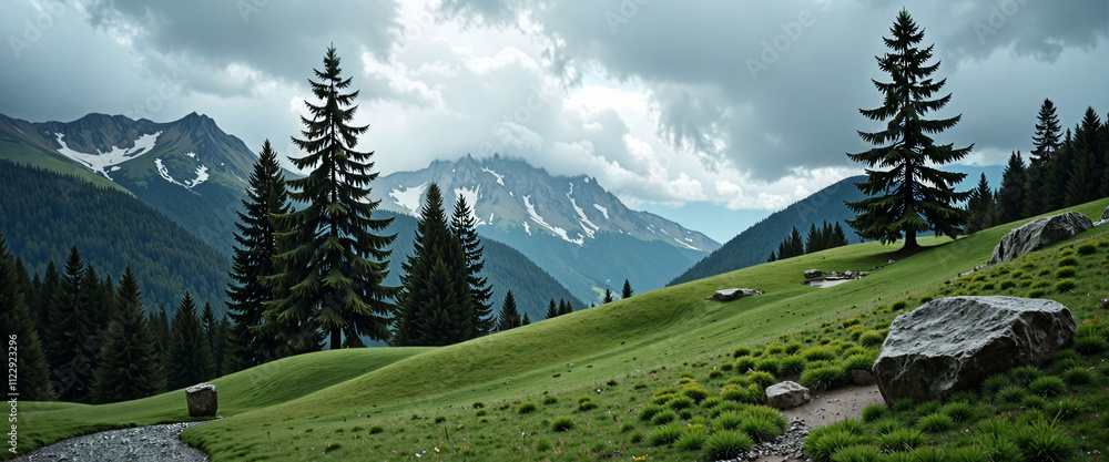 Poster a mountain range with a snowy peak and a green field with two pine trees