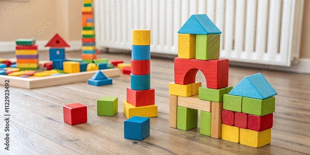 Poster a pile of colorful blocks on a wooden floor