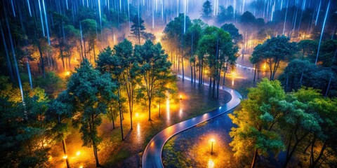 Fototapeta premium Enchanting Drone Photography Capturing the Mystical Atmosphere of a Rainy Night Walk Through the Woods with Lush Vegetation and Glimmering Reflections on the Ground